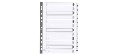 Intercalaires imprimés à touches plastifiées - 12 touches 1 à 12 - A4 - Blanc