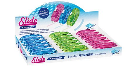 Kleberoller SLIDE, 6 mm x 8 m, Display mit 18 Stück