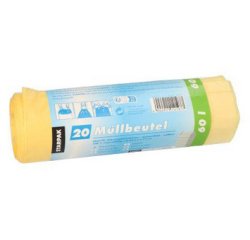 Sac poubelle HDPE à liens coulissants, 60 L, jaune