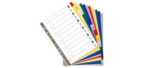 Register für Ordner und Ringbücher, aus PP, 12 Positionen, Taben 1-12, für DIN A4 - Farben sortiert|