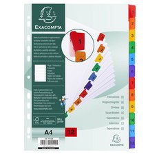 Intercalaire A4 carte blanche 12 onglets numériques - 1 jeu