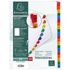 Tabbladen karton 160g - versterkte gekleurde tabs + inbdexblad - 20 tabs - A tot Z - A4 - Wit