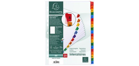 Intercalaires Imprimés alphabétiques carte blanche 160g - 20 positions - A4 - Blanc