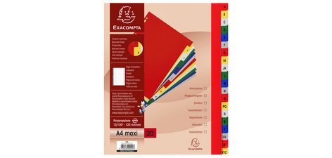 Intercalaire A4+ polypropylène coloré Exacompta 20 onglets alphabétiques - Coloris assortis - 1 jeu