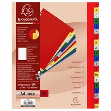 Intercalaires imprimés alphabétique PP couleurs 12/100e - 20 positions - A4+ - Assorties vives