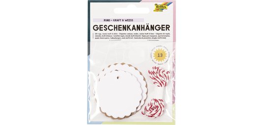 Etiquette cadeau rond, nature & blanc, avec ficelle