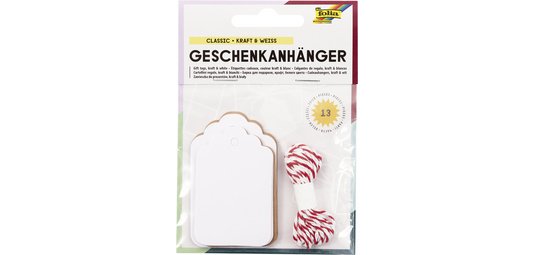 Etiquette cadeau long, nature & blanc, avec ficelle