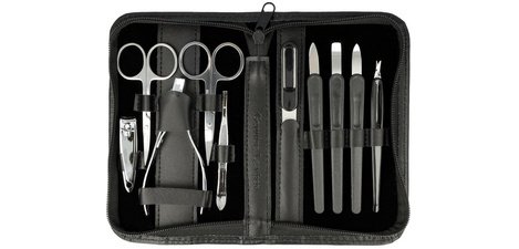 Manicure set, leather case, 10 pieces, black