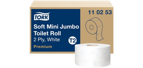 TORK Papier toilette en mini rouleau Jumbo, 2 plis, blanc