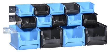 Spiel von 14 Stapelbehältern mit ProfiPlus 1+2+3/17 Wandhalterung, blau/schwarz