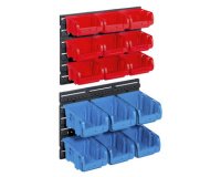 Set of 15 storage bins with 2 wall-mounted ProfiPlus supports >C< 1+2/17, red/blue