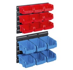 Set of 15 storage bins with 2 wall-mounted ProfiPlus supports >C< 1+2/17, red/blue