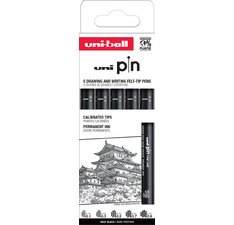 Uni Pin fineliner, étui de 8 pièces, noir, 0,03-0,1-0,3-0,5-0,7-0,9-1,2 et 1 brush