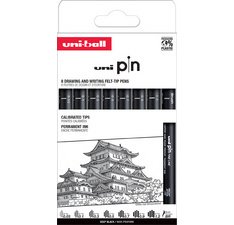 Uni Pin fineliner, étui de 8 pièces, noir, 0,05-0,2-0,4-0,6-0,8-1,0-1,2 et 1 brush