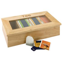 Boîte à thé et infusion, en bois, 4 cases, brun clair