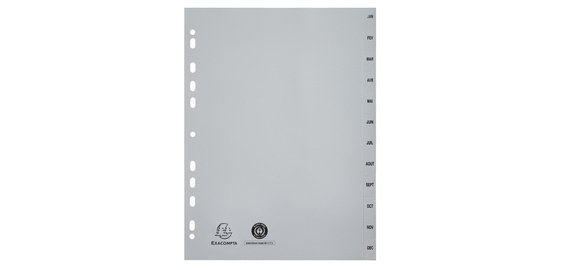 Intercalaires imprimés mensuels PP recyclé gris Janvier-Décembre - 12 positions - A4 - Gris