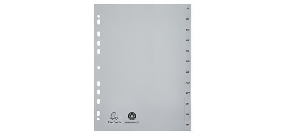 Intercalaires imprimés mensuels PP recyclé gris Janvier-Décembre - 12 positions - A4 - Gris