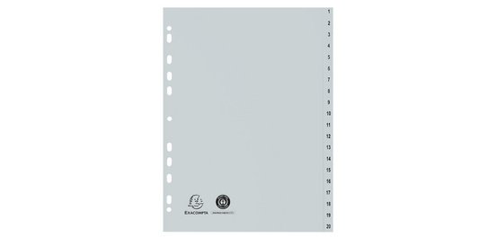 Intercalaire A4 polypropylène gris Exacompta 20 onglets numériques gris - 1 jeu