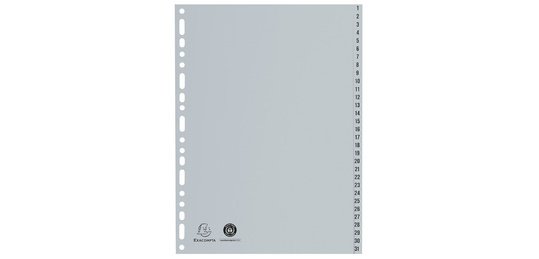 Register A4 aus Recycling-PP grau 120µ mit bedruckten Taben 1-31, 31 Positionen - Grau