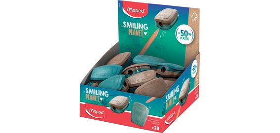 Taille-crayons SMILING PLANET, bleu/brun, présentoir