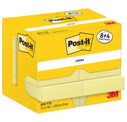 Post-It Notes, 100 feuilles, ft 38 x 51 mm, jaune, 8 + 4 GRATUIT