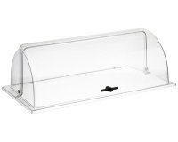 Kippbare Schutzhaube aus Polycarbonat mit schwarzen Kreuzgriffen GN 1/1.