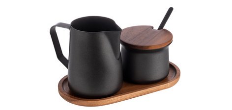 Milk/sugar set, acacia wood/stainless steel, 5 pieces