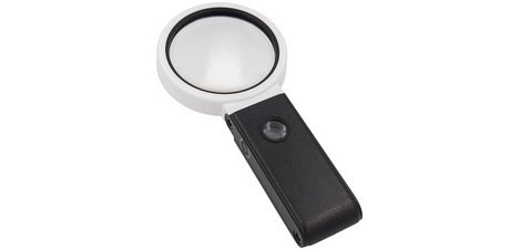 UV magnifying glass with LED light and foldable stand, black/white