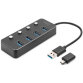 Hub USB 3.0, 4 ports, commutable, boîtier aluminium