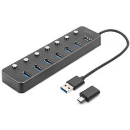 Hub USB 3.0, 7 ports, commutable, boîtier aluminium