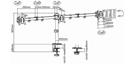 Bras support pour 3 écrans, longueur du bras 658 mm