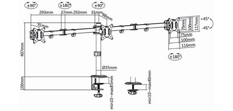 Bras support pour 3 écrans, longueur du bras 658 mm
