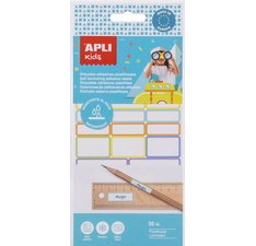 Etiquette apli adhesives plastifiees 3 tailles         differentes coloris assortis  pochette 35 unites