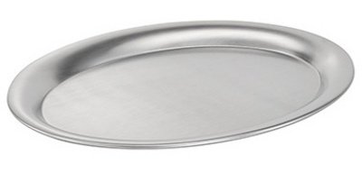 ```html
Service tray, oval, matte stainless steel
```