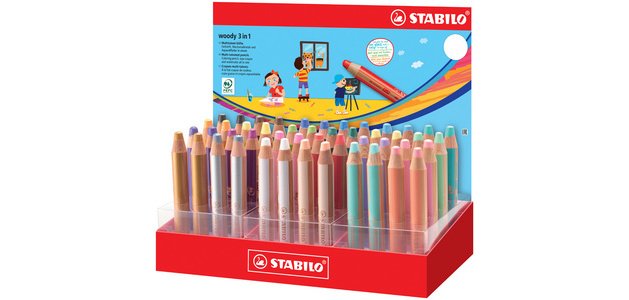 Crayons multi-talents woody 3 en 1, présentoir de 48