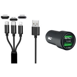 Chargeur USB pour voiture '3EN1', 12/24 V, noir