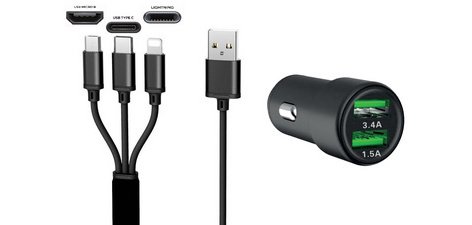 Chargeur USB pour voiture '3EN1', 12/24 V, noir