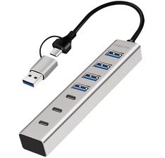 Hub USB 3.0, 7 ports, 4x USB-A / 3x USB-C, argent