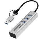 Hub USB 3.0 avec lecteur de carte, 3 ports, argent