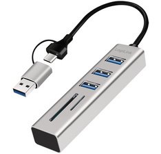 Hub USB 3.0 avec lecteur de carte, 3 ports, argent