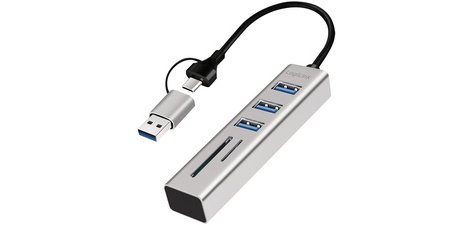 Hub USB 3.0 avec lecteur de carte, 3 ports, argent