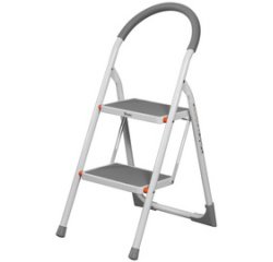 Escabeau pliable en acier, 2 niveaux, blanc/gris