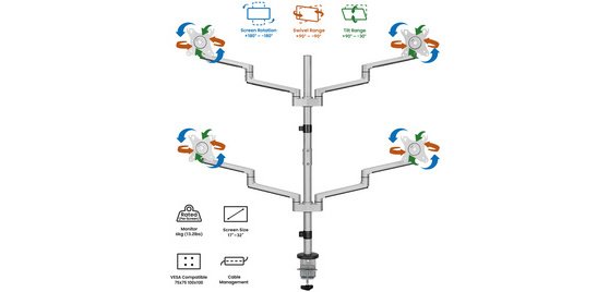 Bras support pour 4 écrans, longueur du bras 447 mm