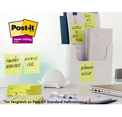 En_bloc-notes post-it super sticky grand format recycles 102x152mm 45f repositionnables lignes coloris jaune pack 4 blocs