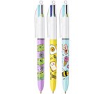 BIC Stylo à bille rétractable 4 Colours Kawaii, blister de 3