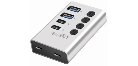 USB 3.2 Hub, 4 ports, on/off switches, silver