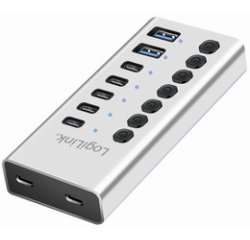 Hub USB 3.2, 7 ports, interrupteurs on/off, argent