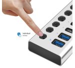 Hub USB 3.2, 7 ports, interrupteurs on/off, argent