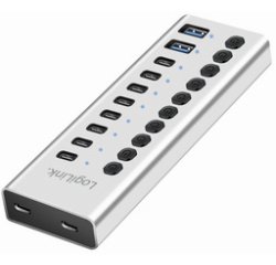 Hub USB 3.2, 10 ports, interrupteurs on/off, argent