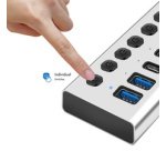 Hub USB 3.2, 10 ports, interrupteurs on/off, argent